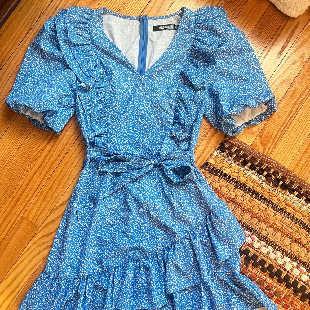 Missguided Blue Puff Sleeve V-Neck Mini Dress